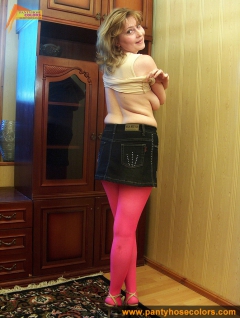 Magenta pantyhose on blonde MILF