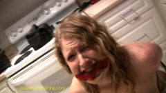 Helpless pee slut Emily tied up and pees on a bowl - N
