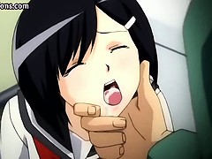 Brunette anime tasting hot jizzload
