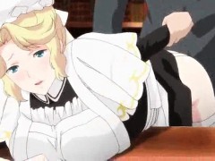 Anime maid jerks cock with her huge boobs