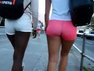 Black & White Girl Walking, Juicy bums in Tight Pink Shorts