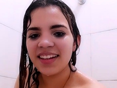 Skinny brunette shower masturbation